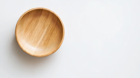 A simple wooden bowl rests on a clean white surface, perfect for kitchen decor. Ideal for serving food or as an elegant home accent piece.の素材