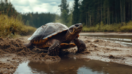 A turtle crawls on the sandy shore near a tranquil body of water, surrounded by lush forest. This serene scene captures the beauty of wildlife in its natural habitat.の素材