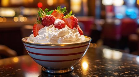A vibrant dessert featuring luscious whipped cream topped with fresh strawberries. This indulgent treat is perfect for summer gatherings or elegant dining.の素材