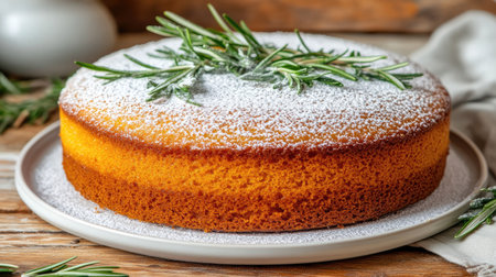 A beautifully baked cake featuring a dusting of powdered sugar and adorned with fresh green herbs, perfect for celebrations or a cozy gathering.の素材