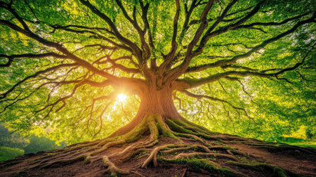 A majestic oak tree stands tall with sprawling branches and rich green leaves. Sunlight filters through the foliage, illuminating the tree roots, creating a serene outdoor scene.の素材