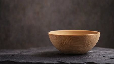 A beautifully crafted wooden bowl sits elegantly on a textured dark stone table. This minimalistic composition highlights natural elements, suitable for various culinary and decor themes.の素材