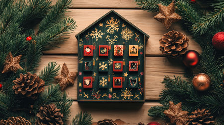 A beautifully crafted advent calendar displayed on a wooden surface, surrounded by pine cones and ornaments, capturing the essence of festive celebrations.の素材