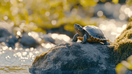 A tranquil scene featuring a turtle perched on a rock by the water, illuminated by soft natural light, showcasing the beauty of wildlife in its habitat.の素材