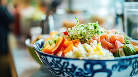 A vibrant bowl filled with fresh vegetables and salmon highlights healthy eating. This colorful dish showcases a delightful arrangement of ingredients perfect for any meal.の素材