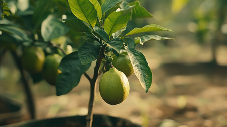 A close-up view of a fresh avocado fruit hanging on a tree in a sunlit garden. The vibrant green leaves complement the rich natural setting, emphasizing healthy growth.の素材