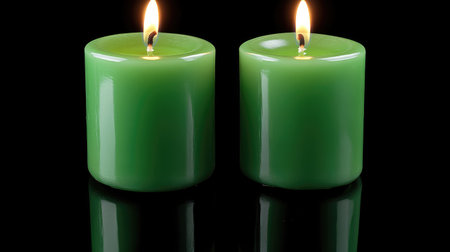 Two green candles emit soft flames on a black background, creating a serene and calming atmosphere ideal for relaxation, meditation, and aesthetic decor.の素材