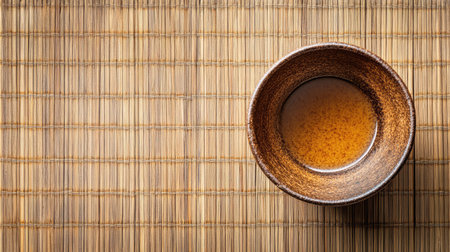 A serene brown ceramic bowl filled with tea rests on a bamboo mat, highlighting tranquility and simplicity. Perfect for designs related to wellness and culinary themes.の素材