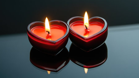 Two heart-shaped candles glow softly, casting warm light on a reflective surface, perfect for romance, relaxation, or special celebrations.の素材