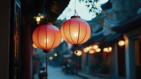 Two illuminated red lanterns hang gracefully, casting a warm glow in a tranquil traditional Asian street as dusk falls, creating a serene and inviting atmosphere.の素材