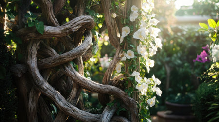A stunning floral archway featuring intricately twisted wood entwined with delicate white flowers, bathed in warm sunlight, creating a serene garden atmosphere.の素材
