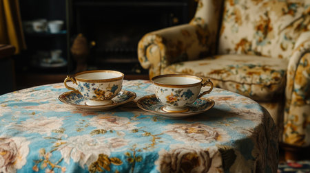 A charming vintage tea set featuring elegant cups and saucers rests on a floral tablecloth in a cozy living room setting, perfect for afternoon tea.の素材