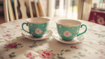 A charming scene showcasing two vintage tea cups with floral designs on a delicate tablecloth, illuminated by soft afternoon light, perfect for cozy gatherings.の素材