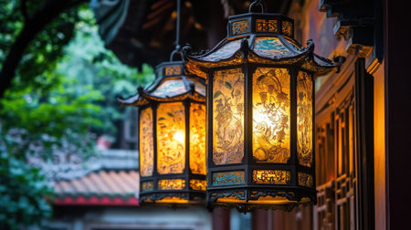 Beautiful traditional lanterns cast a warm glow in a serene garden. The ornate designs and craftsmanship highlight cultural artistry in an evening setting.の素材