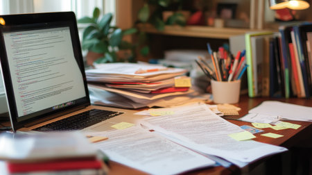 A vibrant desk scene featuring a laptop surrounded by stacks of papers, colorful stationery, and post-it notes, reflecting a busy but creative workspace atmosphere.の素材