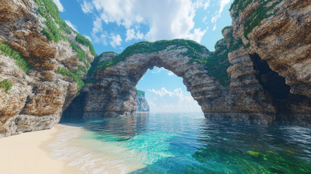 Stunning beach view featuring a natural rocky arch, crystal-clear water, and lush greenery, ideal for nature lovers and travel enthusiasts.の素材