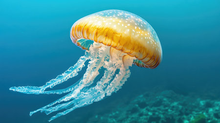 Discover the beauty of a jellyfish gracefully swimming through the serene blue waters, showcasing its ethereal form and delicate tentacles. Perfect for nature enthusiasts.の素材