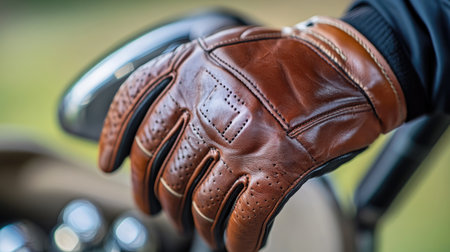 A closeup of a brown leather golf glove resting on the steering wheel of a luxury golf cart, showcasing quality craftsmanship and sporty elegance.の素材