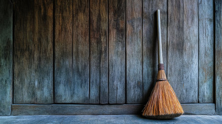 A classic broom rests gently against a rustic wooden wall, showcasing intricate textures and natural beauty. This minimalist image evokes a sense of tranquility and simplicity in home cleaning.の素材