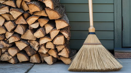 A broom rests against a neatly stacked firewood pile beside a green wall, showcasing a harmonious blend of rustic charm and outdoor maintenance essentials.の素材