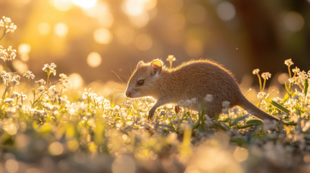 A small mammal explores a meadow filled with delicate flowers under the soft glow of golden hour light. The serene atmosphere captures the essence of nature.の素材