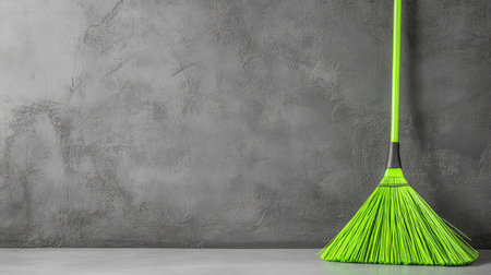A bright green broom leans against a textured gray concrete wall, showcasing its vibrant color and modern design, perfect for cleaning and maintenance.の素材