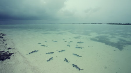 A captivating view of sharks swimming gracefully in shallow waters near a sandy beach. This tranquil scene highlights the beauty of marine life against a backdrop of a grey, cloudy sky.の素材