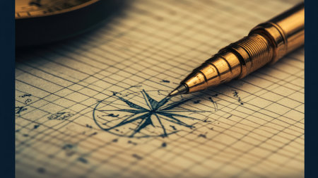 Close-up of an antique compass and elegant pen resting on graph paper, showcasing the intricate details of navigation and design, perfect for creative pursuits.の素材