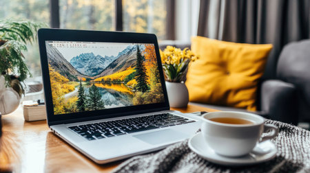 A cozy indoor workspace featuring a laptop with scenic nature wallpaper, a cup of tea, and vibrant flowers, creating a tranquil and inviting atmosphere.の素材
