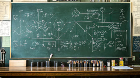 Detailed chalkboard filled with complex diagrams and equations, perfect for academic or educational purposes. Ideal for illustrating concepts in science and mathematics.の素材