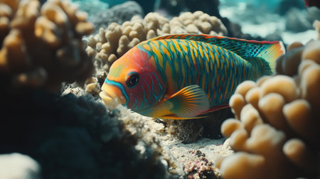 A stunning underwater scene featuring a vibrant colorful fish swimming gracefully among coral reefs, showcasing the beauty of marine life in its natural habitat.の素材