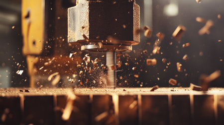 A close-up view of a woodworking machine in action, showcasing precision cutting. Wood shavings fly as the tool carves through the material, highlighting craftsmanship and industrial technology.の素材