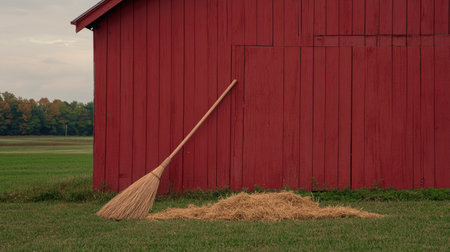 This image showcases a vibrant red barn with a broom leaning against it, beside a pile of hay. The serene farm landscape evokes a tranquil rural setting.の素材