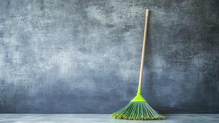 A bright green broom stands tall against a textured gray wall, showcasing a clean and minimalist aesthetic perfect for cleaning themes in home or office environments.の素材
