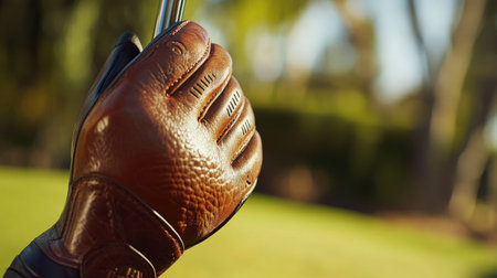 A detailed close-up of a brown leather golf glove gripping a golf club, showcasing the textures and craftsmanship. Ideal for sports and leisure themes.の素材