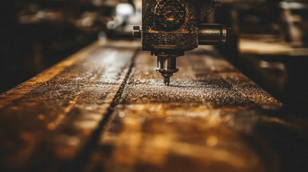 A woodworking machine showcasing precise cutting techniques on wood. The image exhibits the intricate details of the lumber grain and the craftsmanship involved.の素材