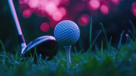 A captivating close-up of a golf ball resting on a tee, with a club in the background, set against a vibrant sunset sky. Ideal for sports and leisure themes.の素材