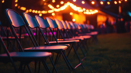 Rows of empty chairs sit on the grass, illuminated by warm string lights during an evening event, creating a cozy and inviting atmosphere for gatherings.の素材