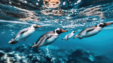 A captivating scene of four penguins swimming gracefully underwater, showcasing their natural behavior in a vibrant ocean environment.の素材