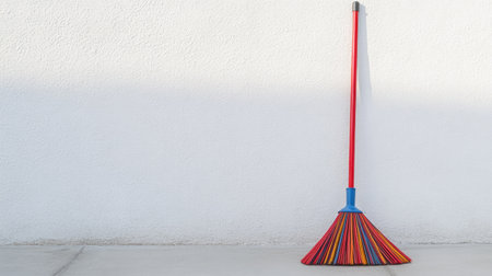 A colorful broom stands alone against a plain white wall, showcasing its vibrant bristles. This image captures themes of cleanliness, simplicity, and home organization.の素材