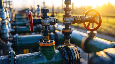 A detailed view of industrial valves and pipeline infrastructure illuminated by warm sunset light, showcasing the complexity and functionality of machinery in energy systems.の素材
