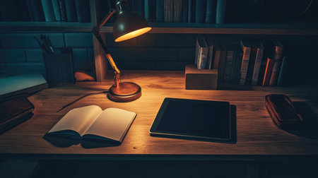 A cozy workspace featuring a warm lamp illuminating a wooden desk, accompanied by a notebook, tablet, and books. Ideal for study and creativity.の素材