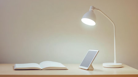 A modern desk setup featuring a sleek lamp, an open book, and a tablet. The clean and minimalistic design creates an ideal workspace for studying or working efficiently.の素材