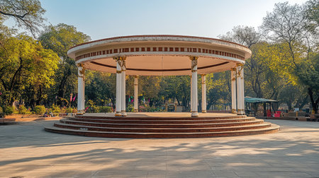 A beautiful gazebo set in a vibrant urban park, surrounded by lush greenery and sunlight. This serene structure offers a peaceful retreat for visitors and enhances the natural landscape.の素材