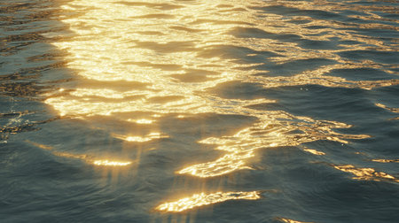 Beautiful golden sunlight reflects on a gentle water surface, creating a serene and tranquil atmosphere. The light shimmers, enhancing nature's beauty.の素材