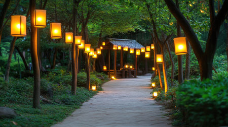 Discover a tranquil garden pathway adorned with glowing lanterns. The serene atmosphere, surrounded by lush greenery, invites relaxation and wander.の素材