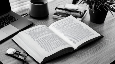 A cozy workspace featuring an open book, a laptop, a coffee cup, and a potted plant, creating an inviting atmosphere for study and productivity.の素材
