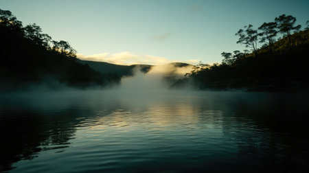A tranquil scene of morning mist rising over a calm lake at dawn, surrounded by lush trees and an expansive sky, offering a peaceful escape into nature's beauty.の素材