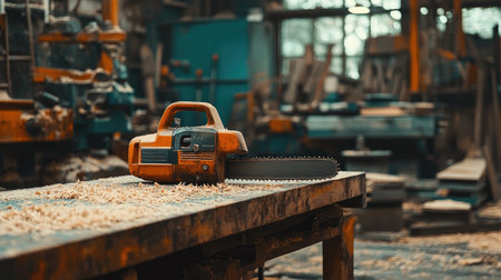 A vibrant electric chainsaw rests on a workbench covered in wood shavings. The bustling workshop background hints at active woodworking and creative craftsmanship.の素材