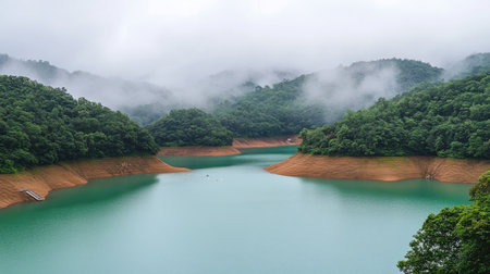 This image showcases a tranquil mountain lake surrounded by lush green forests, enveloped in a delicate mist. The serene atmosphere invites a sense of peace and reflection.の素材